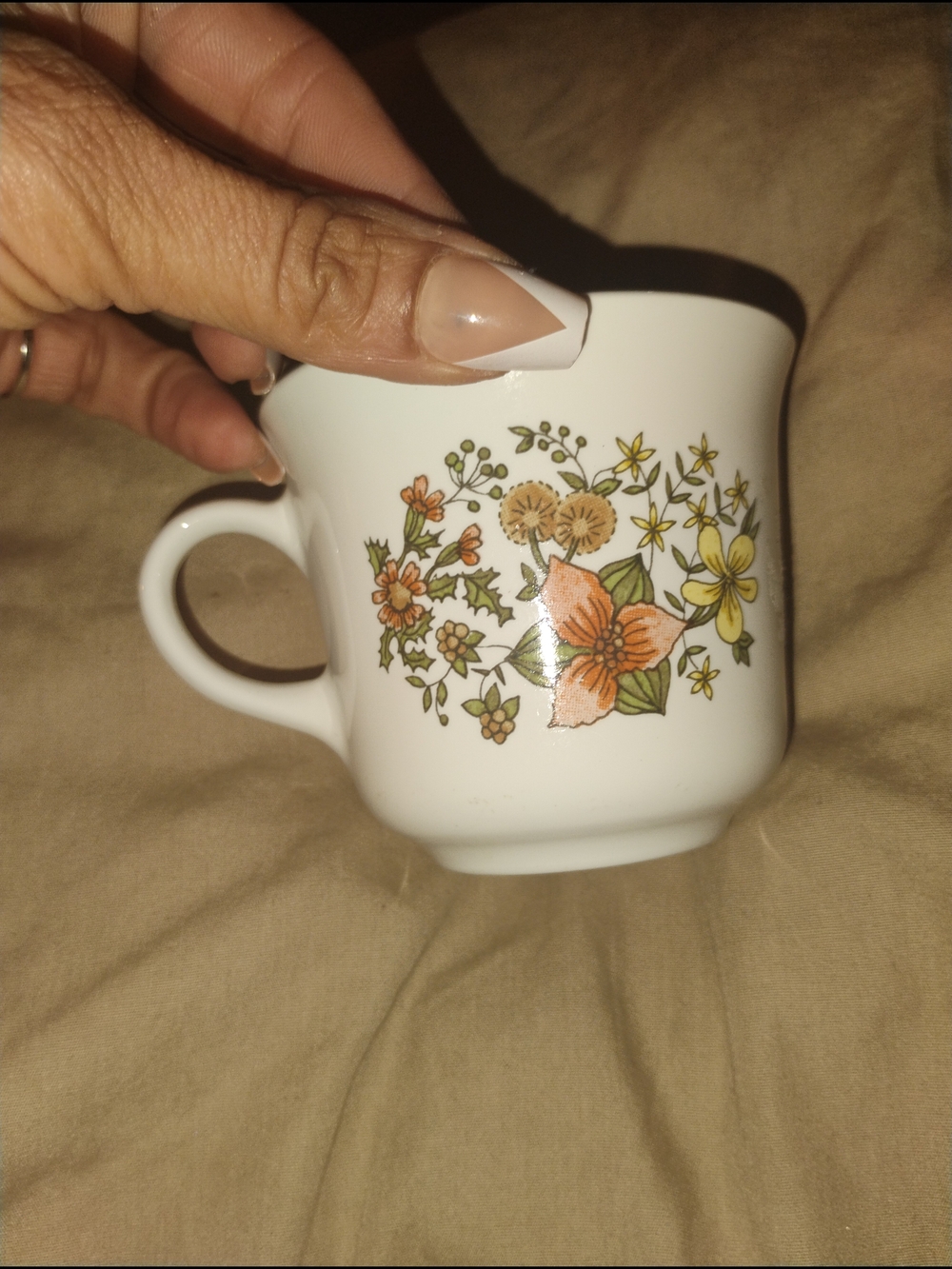 White Floral Ceramic Coffee Mug - Orange and Yellow Flower Design
